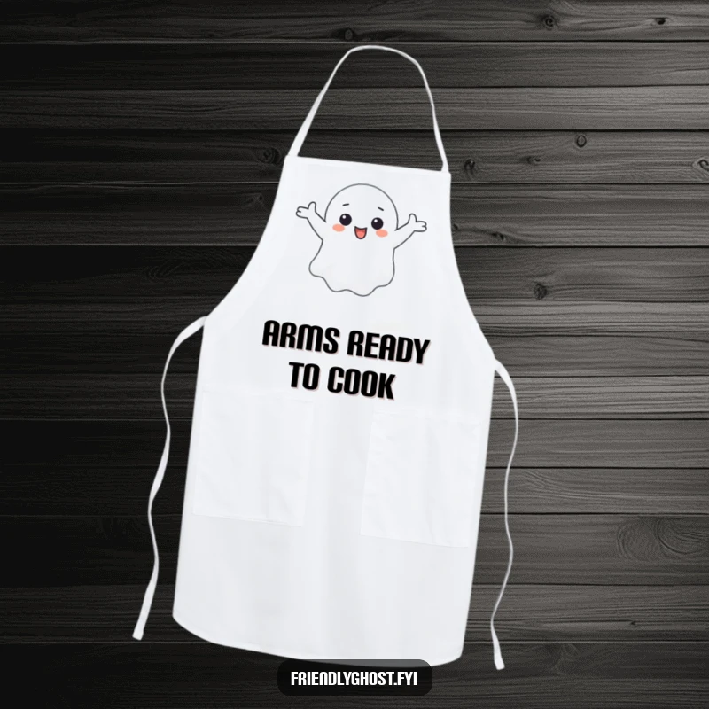 Funny apron adorned with a small ghost character happily floating with arms outstretched.