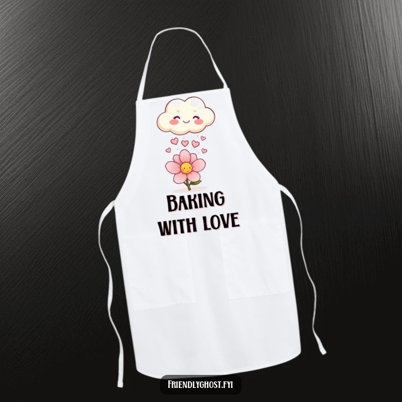 Funny apron showcasing a happy cloud hilariously raining tiny sparkling hearts onto a flower, perfect for adding cheerful fun to cooking.