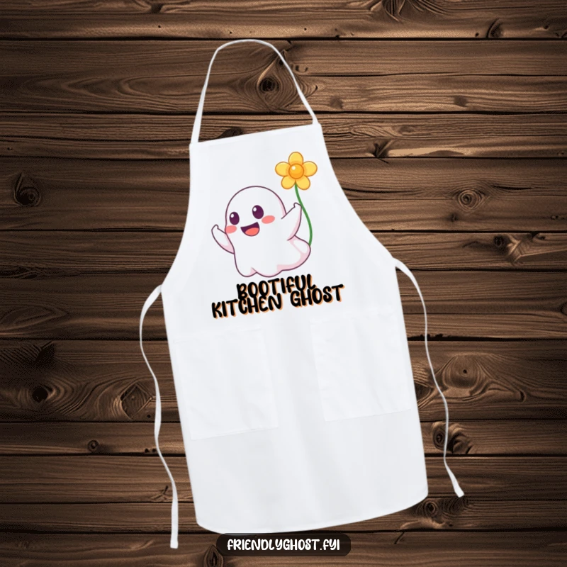 Funny apron with a grinning ghost playfully booping a flower, designed for a fun and clean cooking experience.