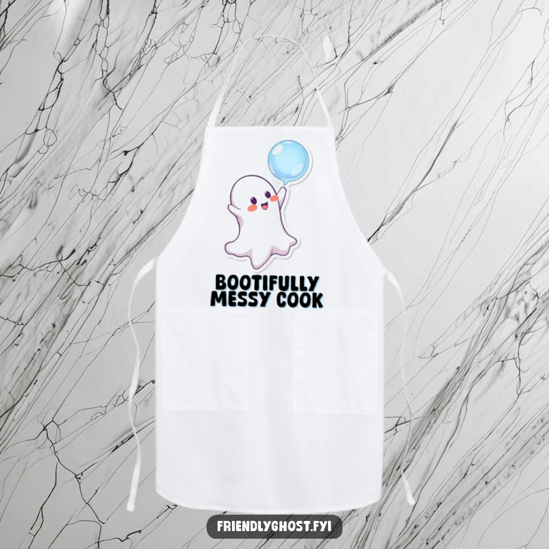 Funny ghost character playfully bopping a bubble while wearing a chef hat, on this humorous kitchen apron.