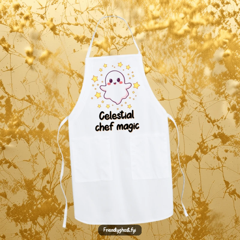 Funny happy ghost apron with a joyful character floating happily through a field of stars.