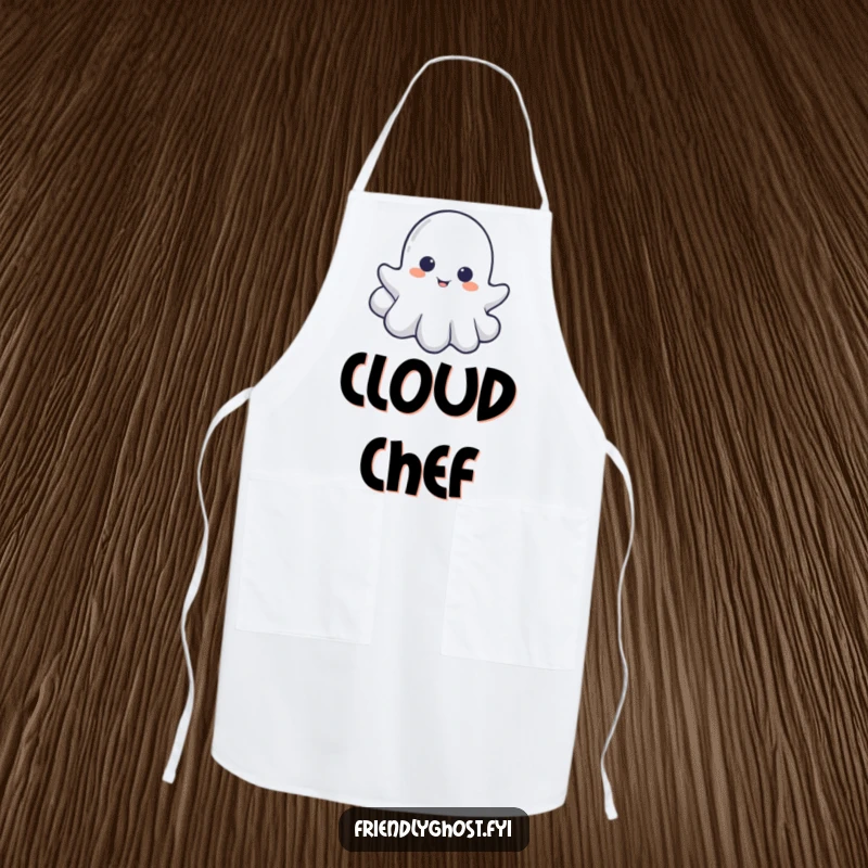 Funny apron with a little ghost playfully peeking from behind a cloud, perfect for spectral kitchen hide-and-seek.