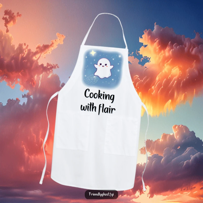 Funny apron showing a gentle ghost leaving a sparkling path through the night sky, adding a touch of magic to cooking.