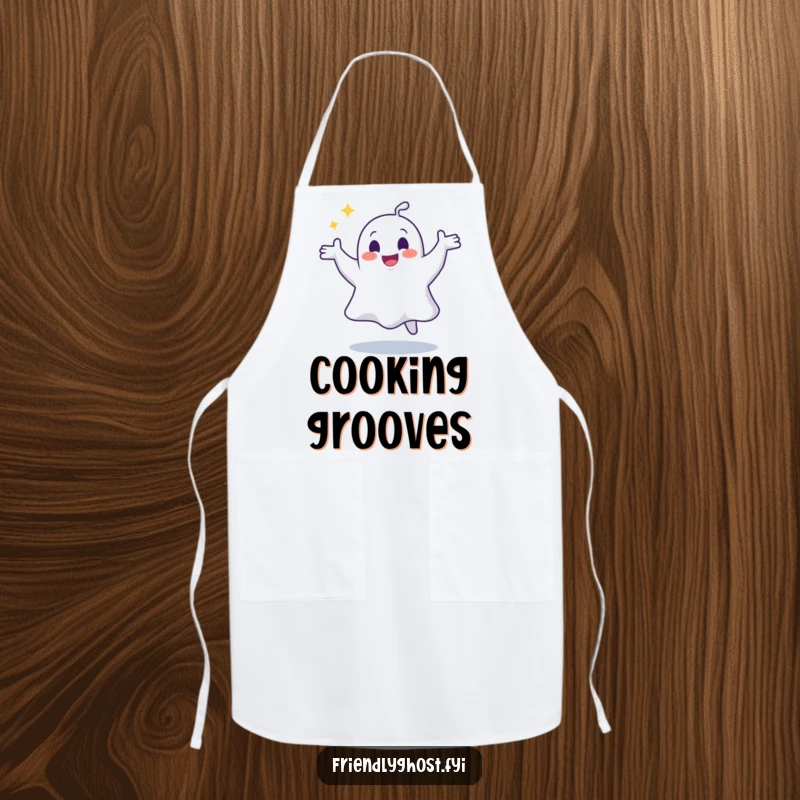 Funny apron with a joyful ghost performing a silly, wobbly dance, perfect for spectral kitchen performances.