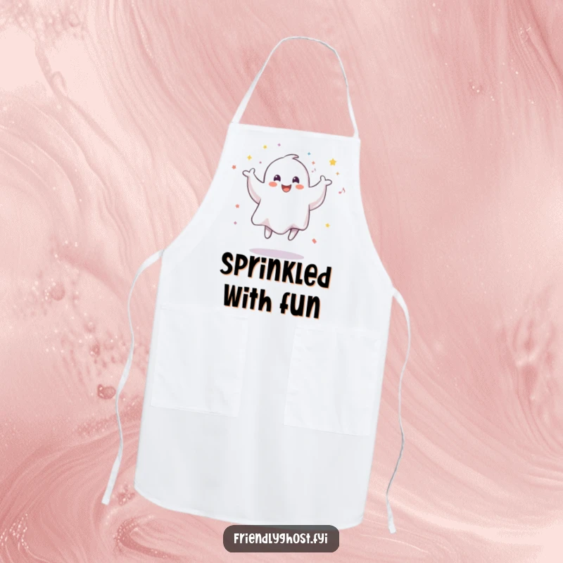 Funny apron showing a smiling ghost leaping playfully with a burst of confetti, perfect for spectral kitchen parties.