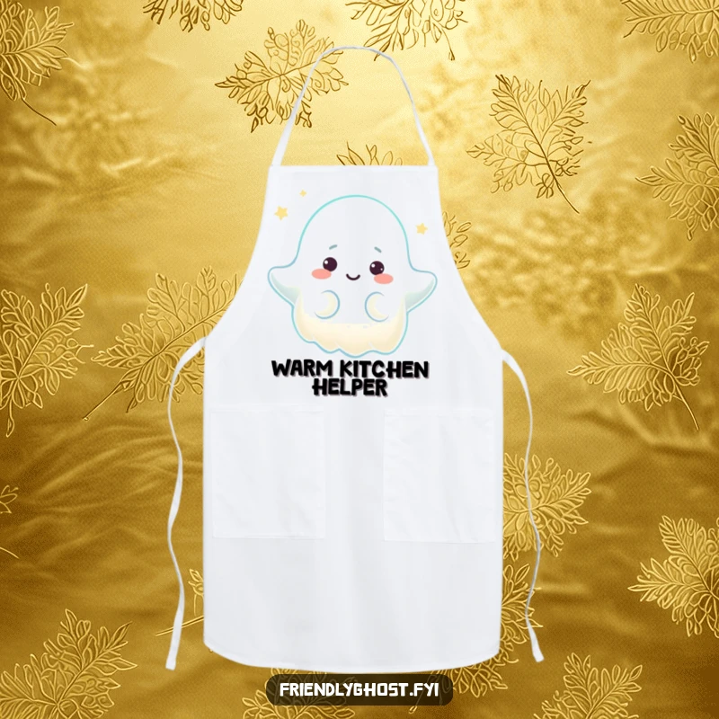 Funny apron illustration of a ghost character emitting a warm, comforting glow with a gentle expression, bringing peaceful charm to kitchen attire.