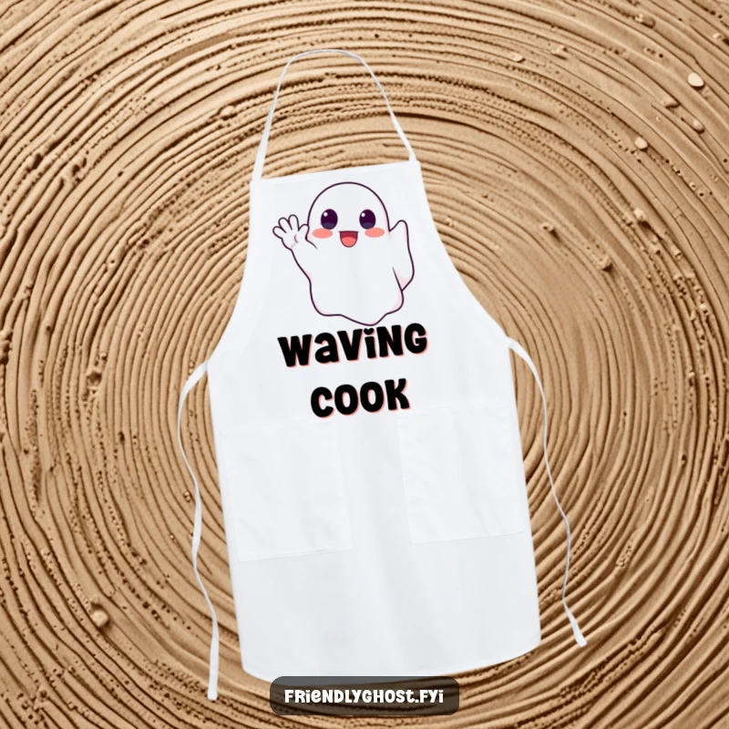 Funny apron featuring a cute ghost enthusiastically waving a spectral hand, perfect for friendly kitchen spectral activities.