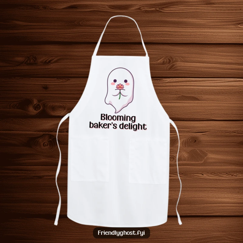 Funny Gentle Ghost Apron: A peaceful ghost floats down with a flower, ready for kitchen tasks. A practical and lovely funny gift.