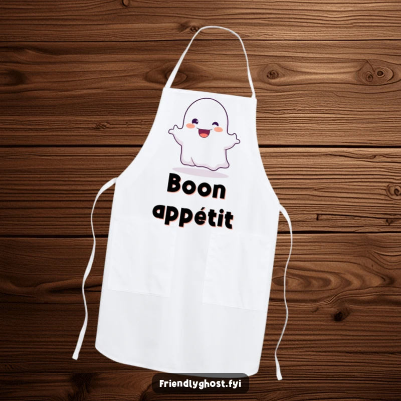 Funny apron adorned with a friendly ghost character playfully booing with a wide, mischievous, happy grin.