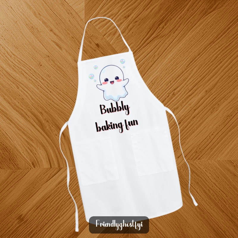 Funny Ghost Bubble Blower Apron: A happy ghost joyfully blows iridescent bubbles, adding a whimsical and fun touch to kitchen activities.