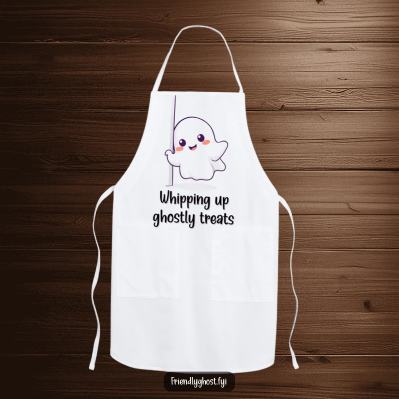 Funny ghost apron, a smiling spirit peeking from behind the pocket, ready to assist in the kitchen.