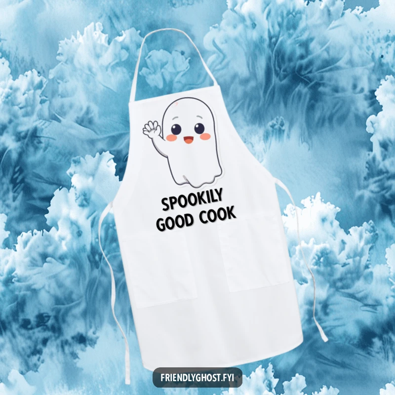 Funny apron showing a cheerful ghost character waving hello with a big smile, ready for kitchen tasks with friendly spectral flair.