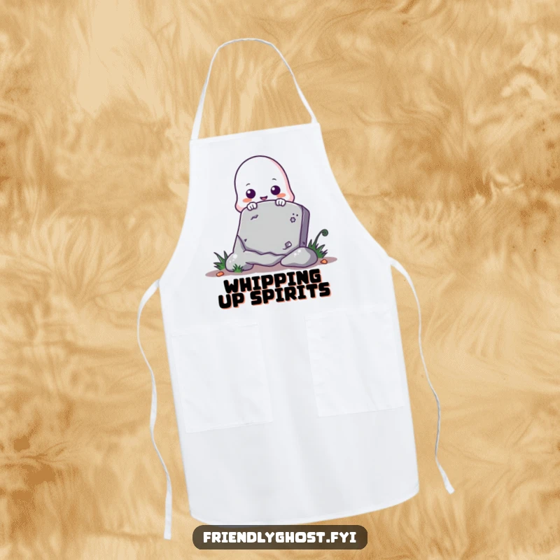 Funny ghost apron with a cute ghost playfully peeking from behind a tombstone, perfect for spooky cooking.