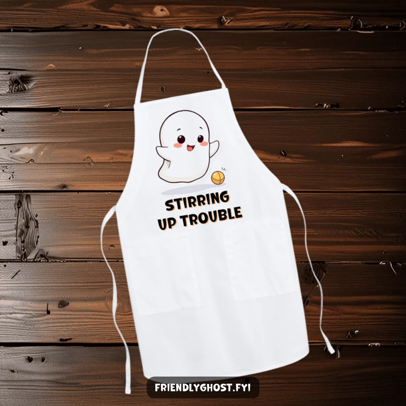 Funny apron showing a small, mischievous ghost character bouncing a tiny ball, ready for kitchen tasks with playful spectral flair.