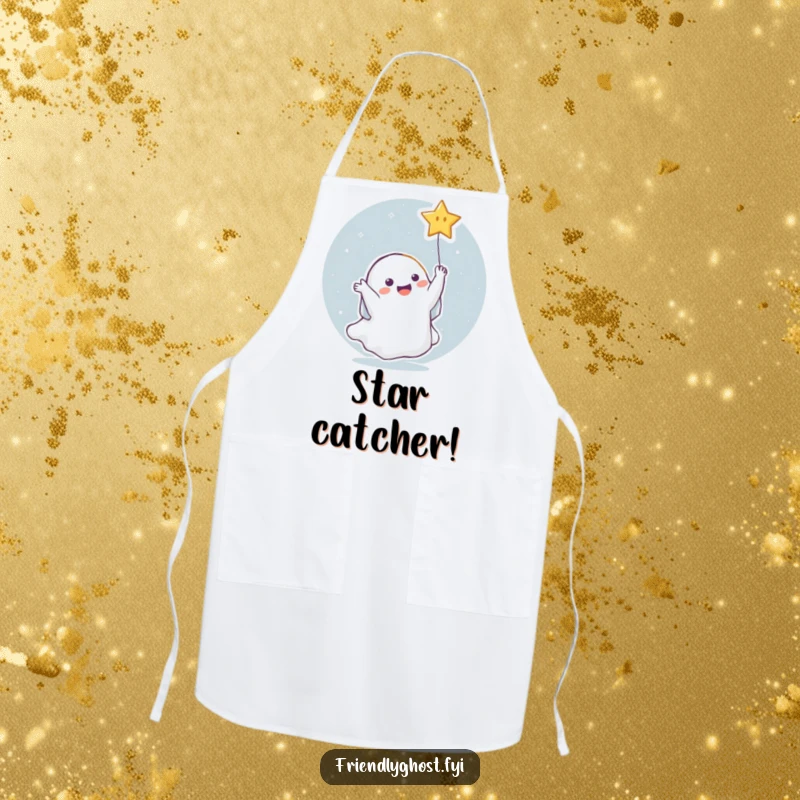 Funny Ghost Star Apron: Ghost joyfully catching a star, perfect for adding celestial humor to cooking and baking tasks.