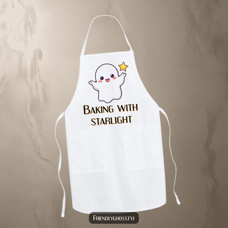 Funny apron showing a friendly ghost extending a wispy hand to a tiny, flickering star, a magical addition to any kitchen.