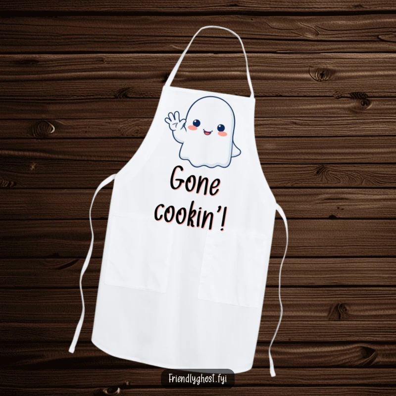 Funny ghost apron featuring a happy ghost giving a gentle, friendly wave goodbye, perfect for kitchen fun and humor.