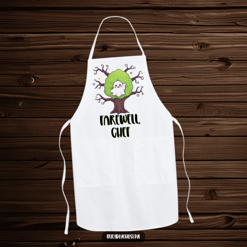 Funny ghost apron showing a friendly ghost waving from a spooky tree, perfect for culinary adventures with a smile.