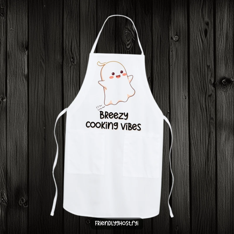 Funny Ghost Wind Rider Apron: A ghost character joyfully rides a playful gust of wind, adding a humorous touch to kitchen chores.