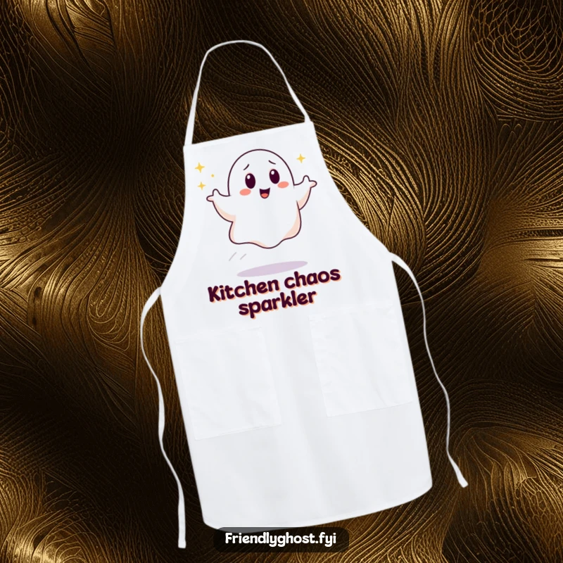 Funny Giggling Ghost Apron: A happy ghost bounces with a sparkling trail, ready for kitchen fun. A practical and funny gift for home cooks.
