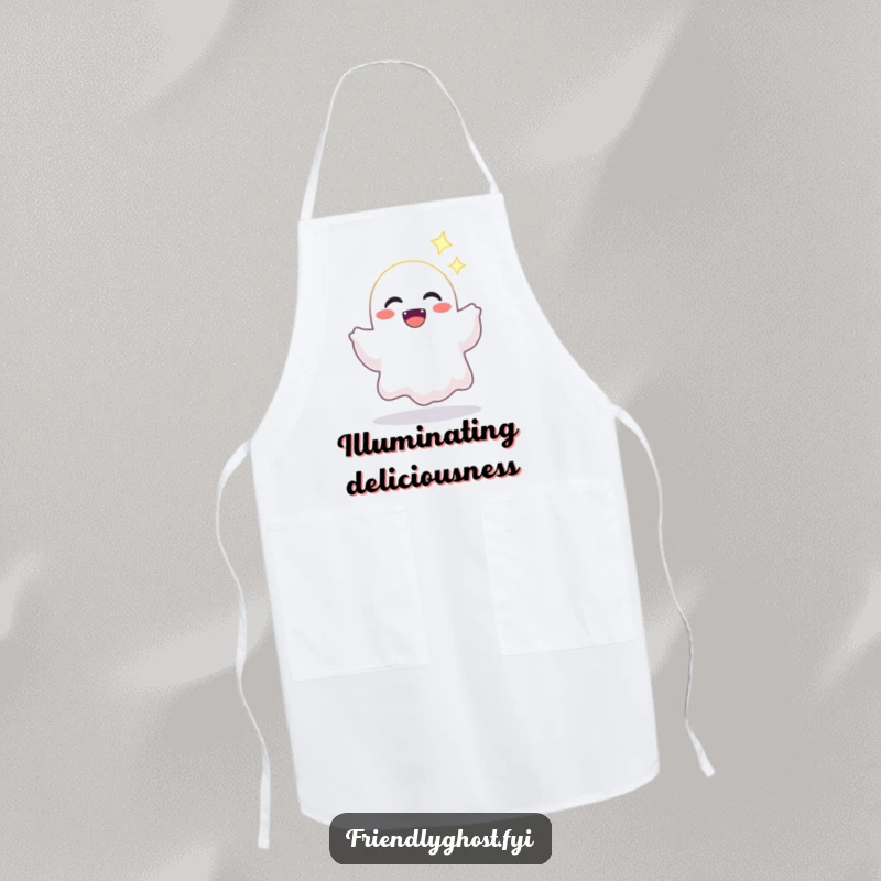 Funny apron with a joyful ghost character offering a bright, sparkling light, designed for spreading warmth while cooking.