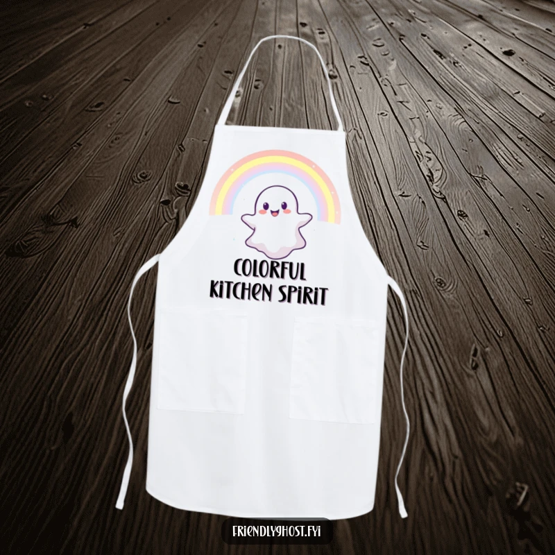Funny apron showing a happy ghost floating through a rainbow, ideal for adding magical humor to cooking.