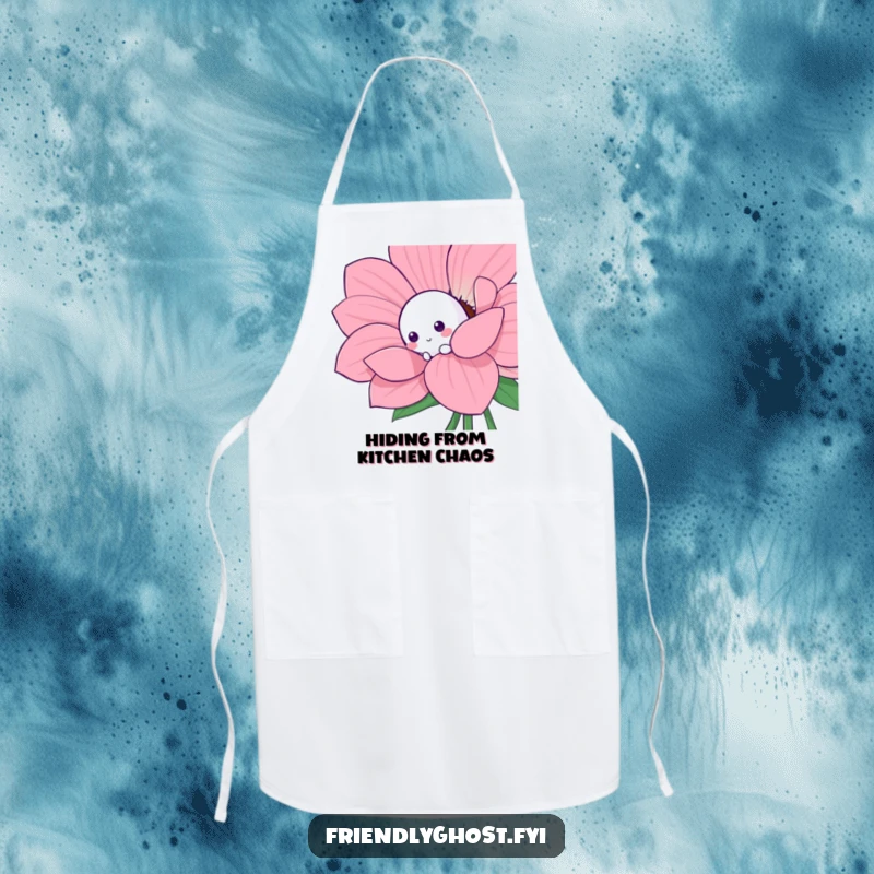 Funny shy ghost apron with a shy character playfully peeking from behind a large, colorful flower.