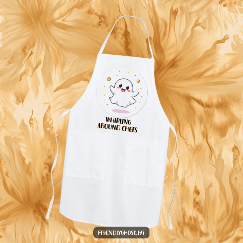 Funny apron showing a round ghost character spinning in a circle with joyful abandon, adding a fun and spirited touch to cooking.