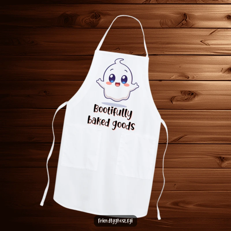 Funny surprised ghost character with wide, happy eyes jumping on an apron, ready for kitchen duty with comical shock and flair.