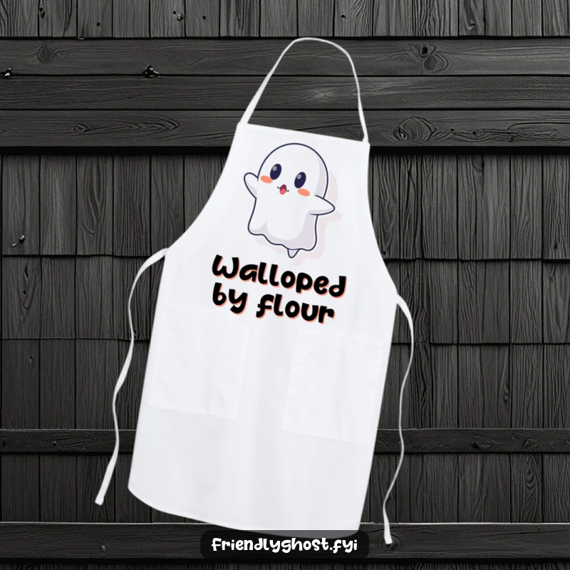 Funny ghost apron with a ghost character looking surprised, failing to float through a wall.