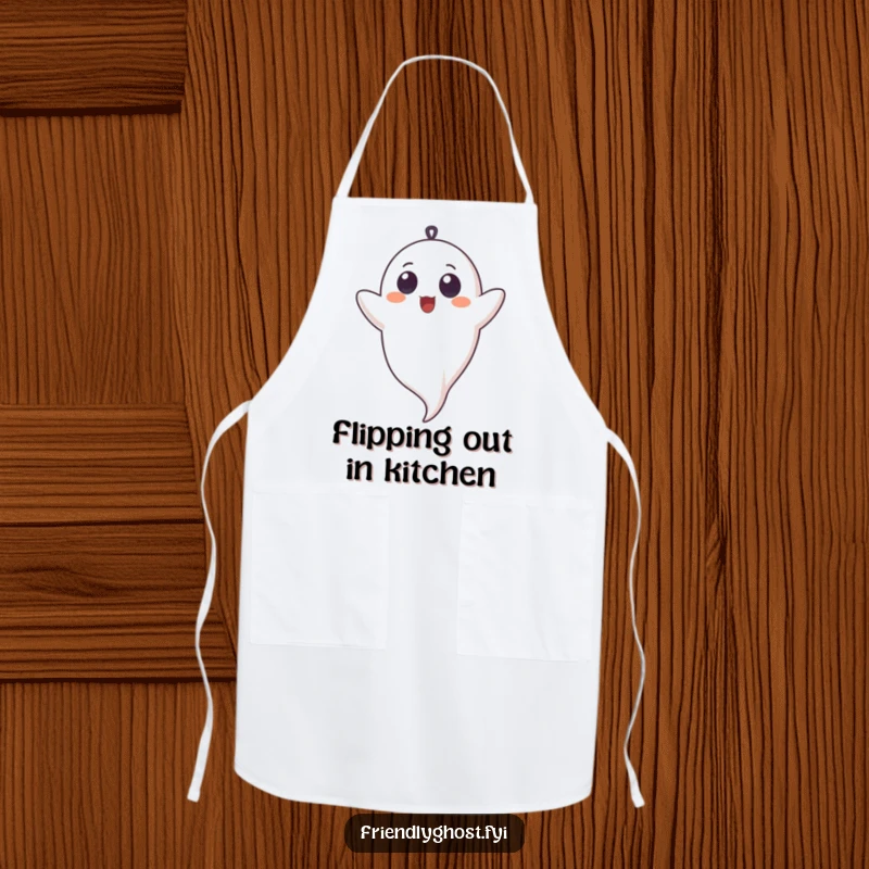 Funny apron showcasing a ghost with innocent eyes gleefully giggling while floating upside down, a whimsical kitchen companion.