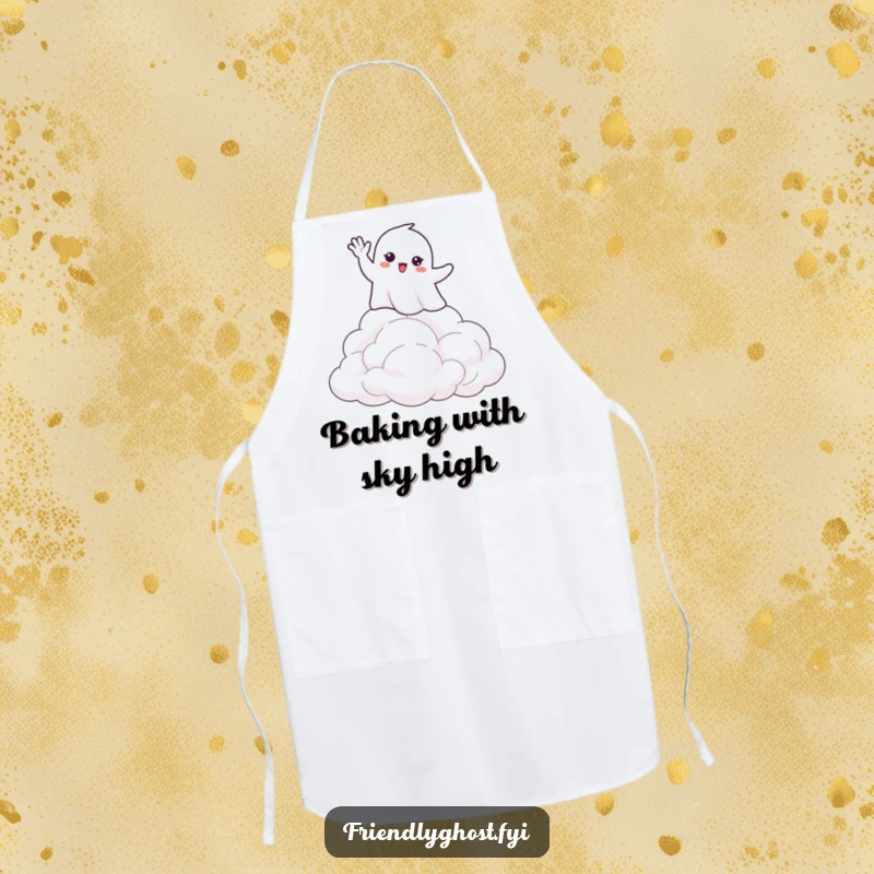 Funny apron showing a friendly ghost waving hello from atop soft, fluffy clouds, a cheerful and protective kitchen companion.