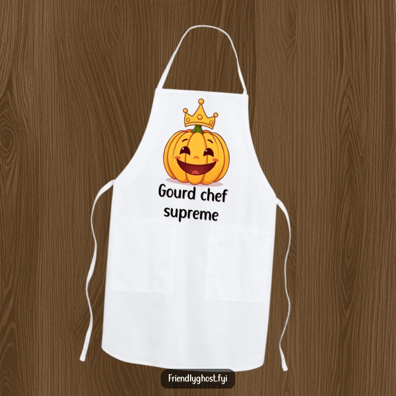 Funny surprised pumpkin with a playful grin and a lopsided crown, a humorous and practical Halloween apron.