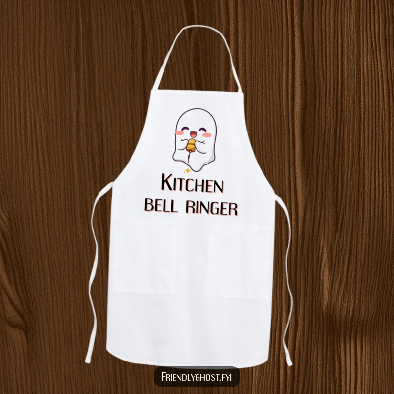 Funny Ghost Bell Ringer Apron: Delighted spirit ringing a small bell, perfect for whimsical and humorous cooking.