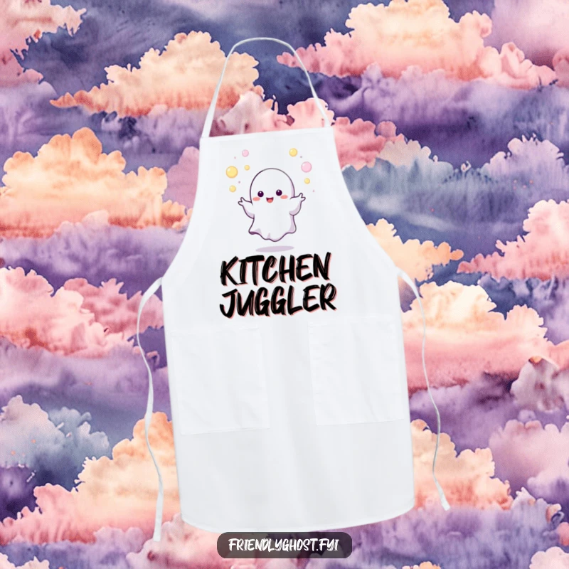 Funny juggling ghost apron featuring a tiny character expertly juggling tiny, glowing orbs, a humorous and practical kitchen accessory gift.