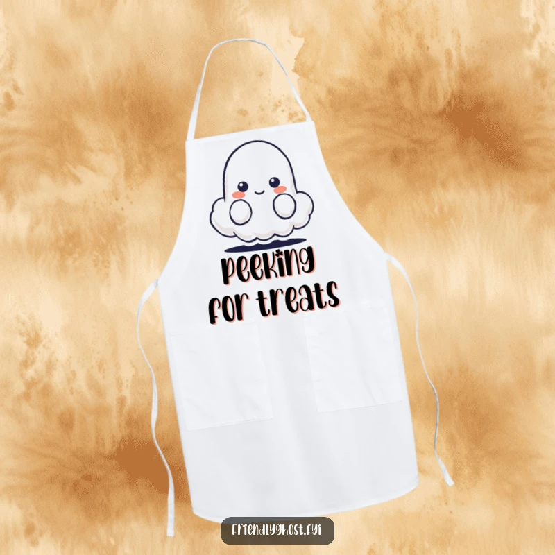 Funny apron adorned with a shy ghost character peeking from behind a small, smiling cloud.