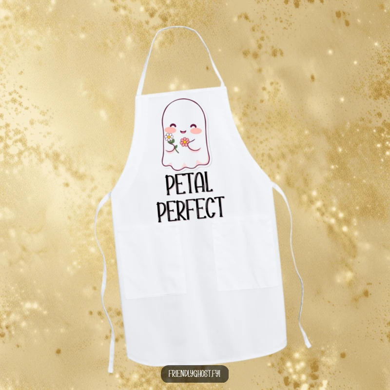 Funny ghost blush apron featuring a happy character blushing pink and holding a tiny flower, a humorous and practical kitchen accessory gift.