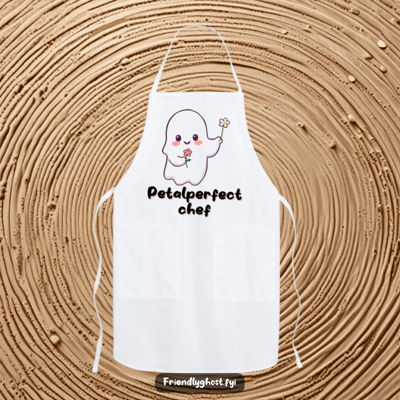 Funny ghost apron illustrating a happy ghost offering a flower, ideal for culinary adventures with a touch of humor.