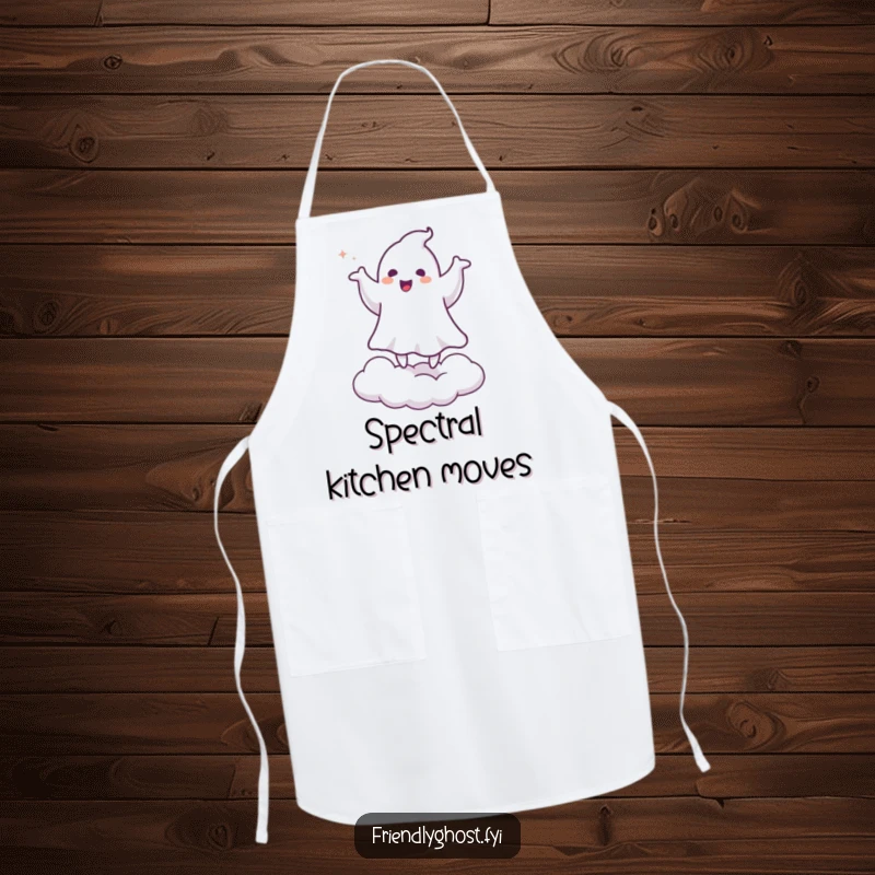 Funny apron with a ghost doing a happy jig on a cloud, adding a humorous and festive touch to kitchen activities.