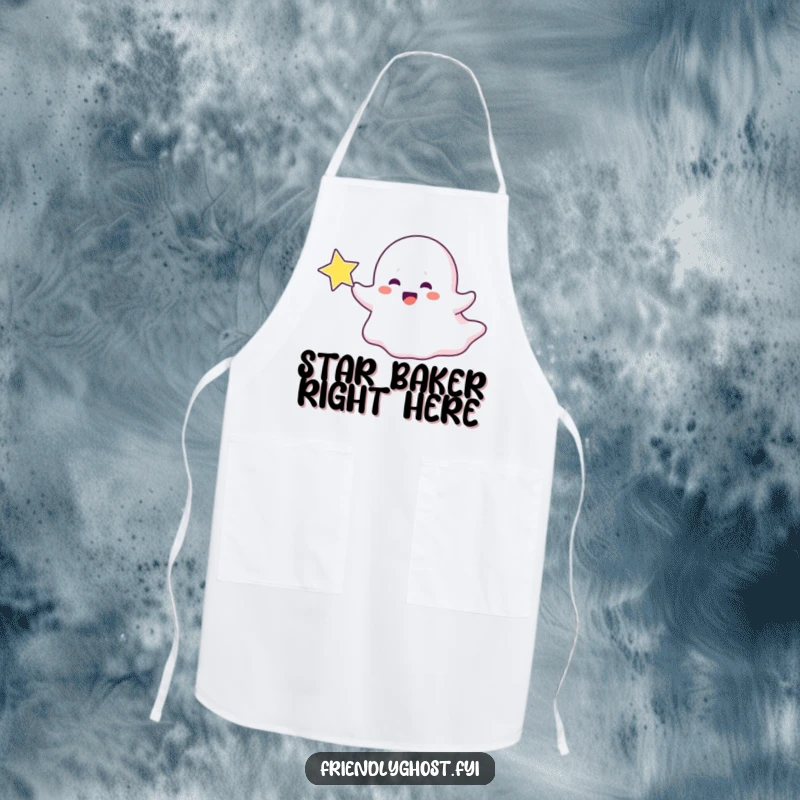 Funny ghost apron with a ghost character playfully chasing a sparkling star, perfect for whimsical cooking.
