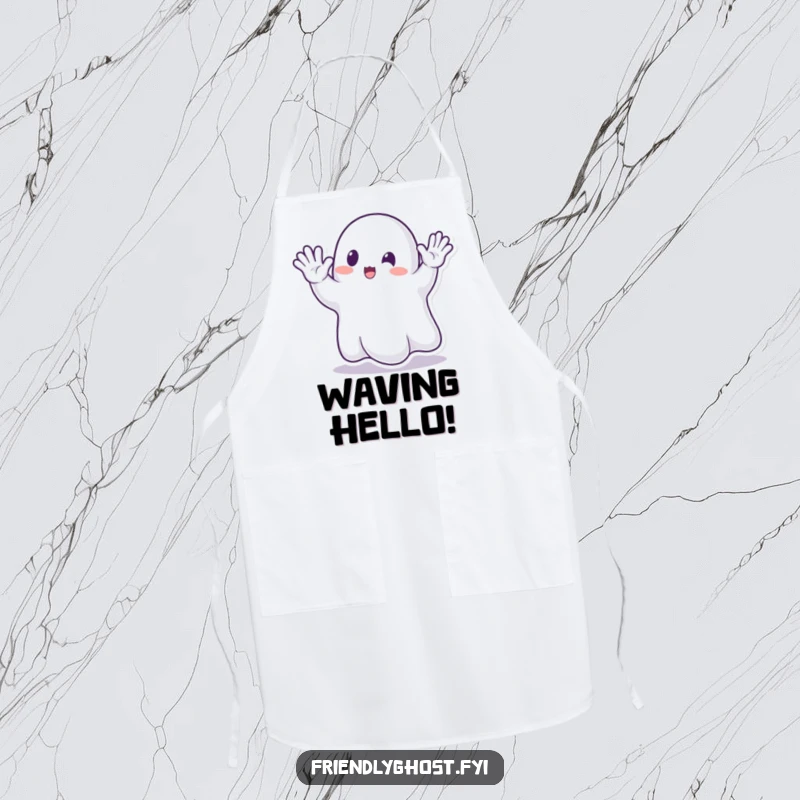 Funny Ghost Waving Apron: Transparent ghost enthusiastically waving hello, perfect for adding humor to cooking and baking tasks.