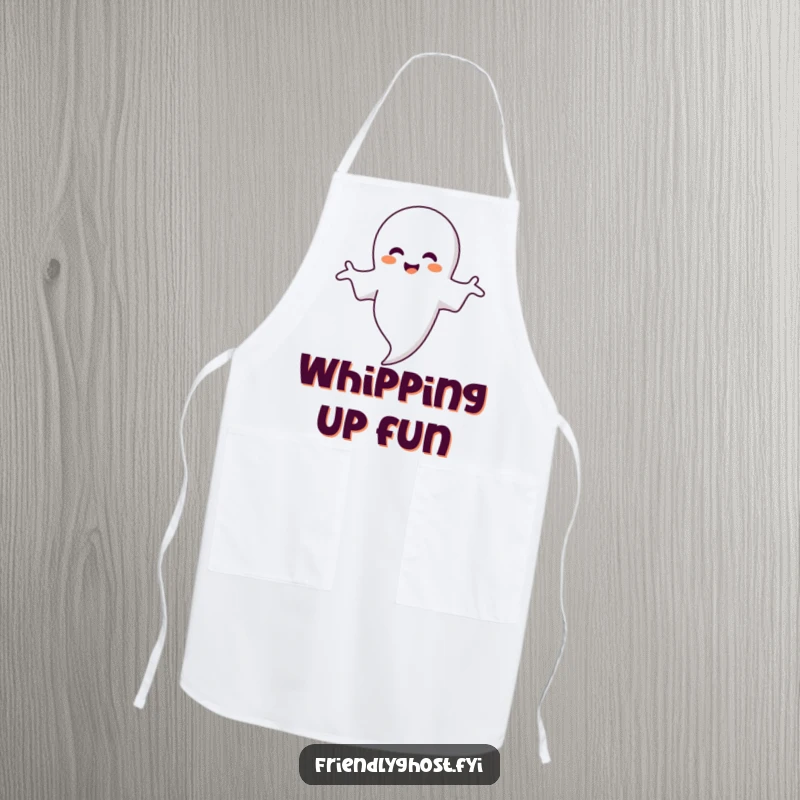Funny ghost apron showing a smiling ghost with outstretched arms embracing a floating bubble, adding humor to cooking.