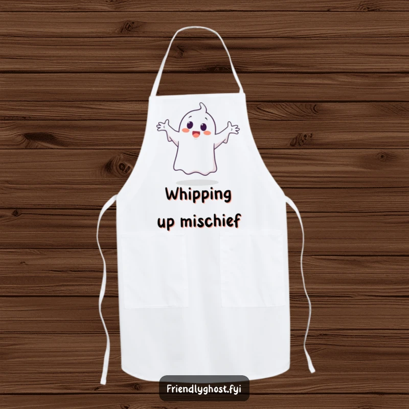 Funny ghost character apron, happily performing a silly dance while cooking, with arms outstretched in playful motion.