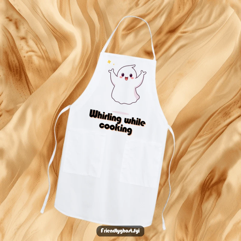 Funny Ghost Pirouette Apron: A happy ghost joyfully performs a playful aerial pirouette, adding a dynamic and fun touch to kitchen tasks.
