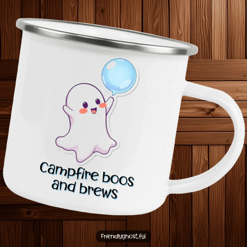 Funny ghost character bopping a bubble, ready for adventure on this sturdy and humorous camping mug.