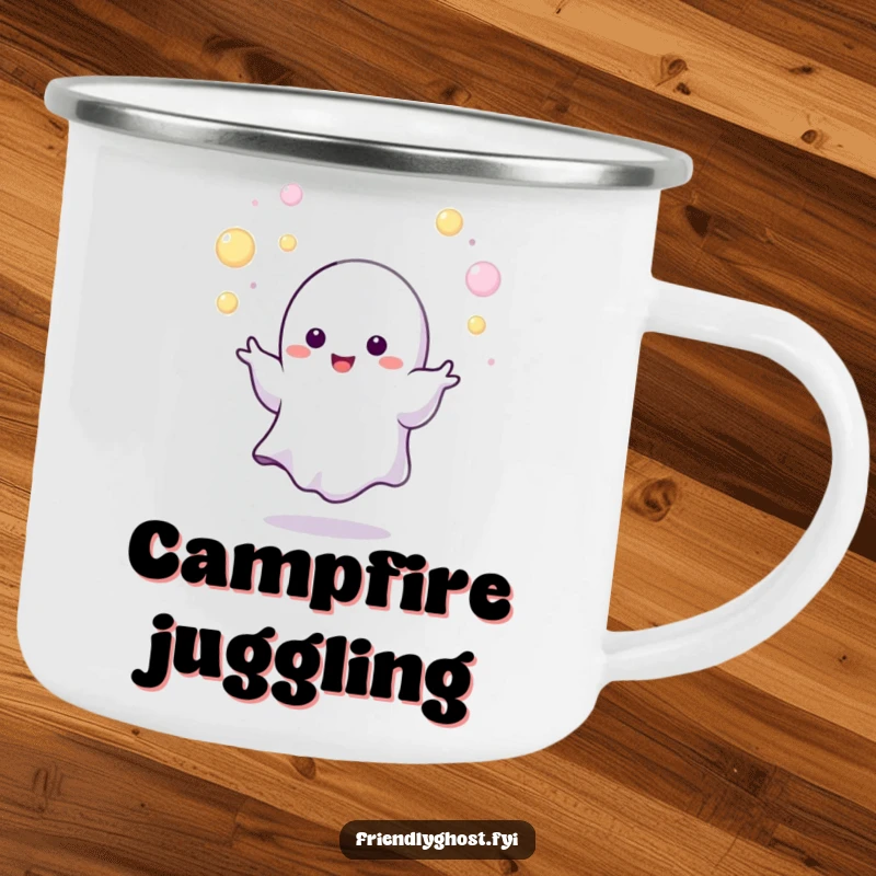 Funny juggling ghost camping mug with a tiny character expertly juggling tiny, glowing orbs, a durable and humorous outdoor mug gift.