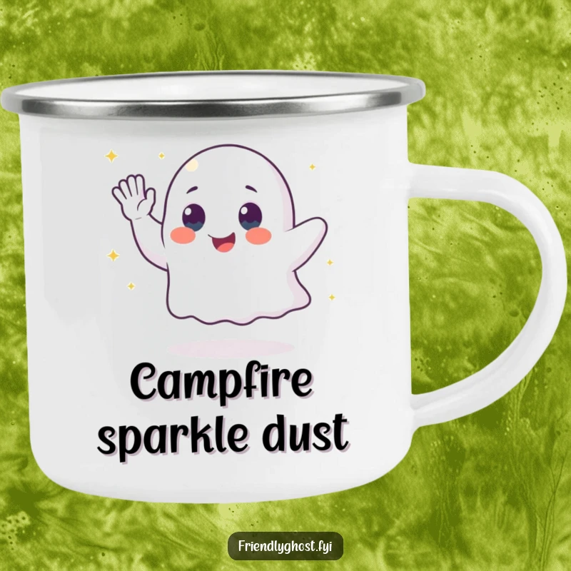 Funny ghost camping mug with a waving character leaving a trail of sparkling dust, great for outdoor drinks and magic.