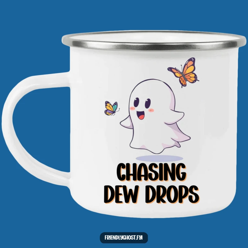 Funny Ghost Chasing Butterfly Camping Mug: Adventure-Ready and Hilariously Cute