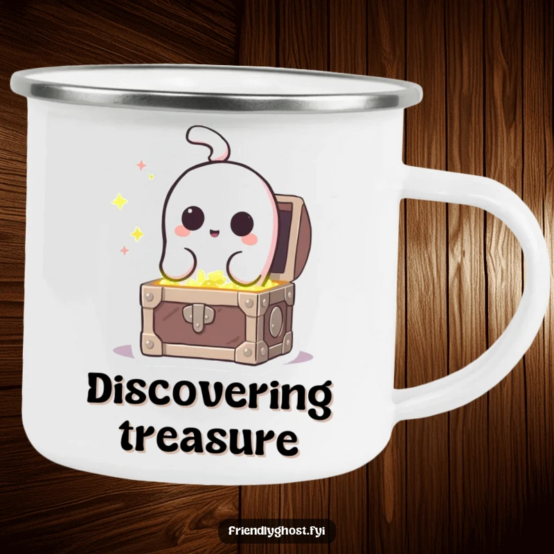 Funny curious ghost peeking into a sparkling treasure chest, on a rugged camping mug for outdoor pursuits.