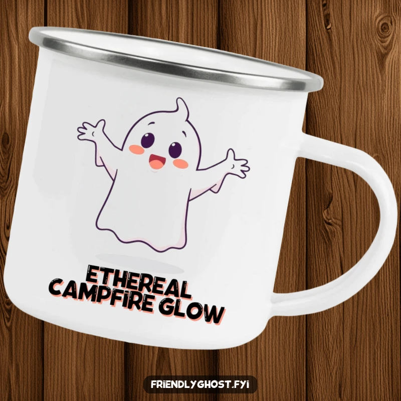 Funny ghost character camping mug, happily dancing with arms outstretched, perfect for outdoor adventures and spooky fun.